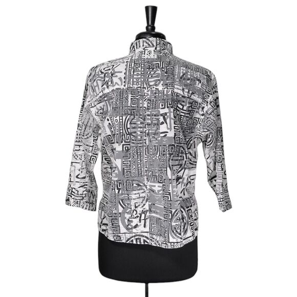 Chico's Women's Shirt Button Up Ivory Black Linen Blend Tribal Sheer Top 1 M/8 - Picture 2 of 8